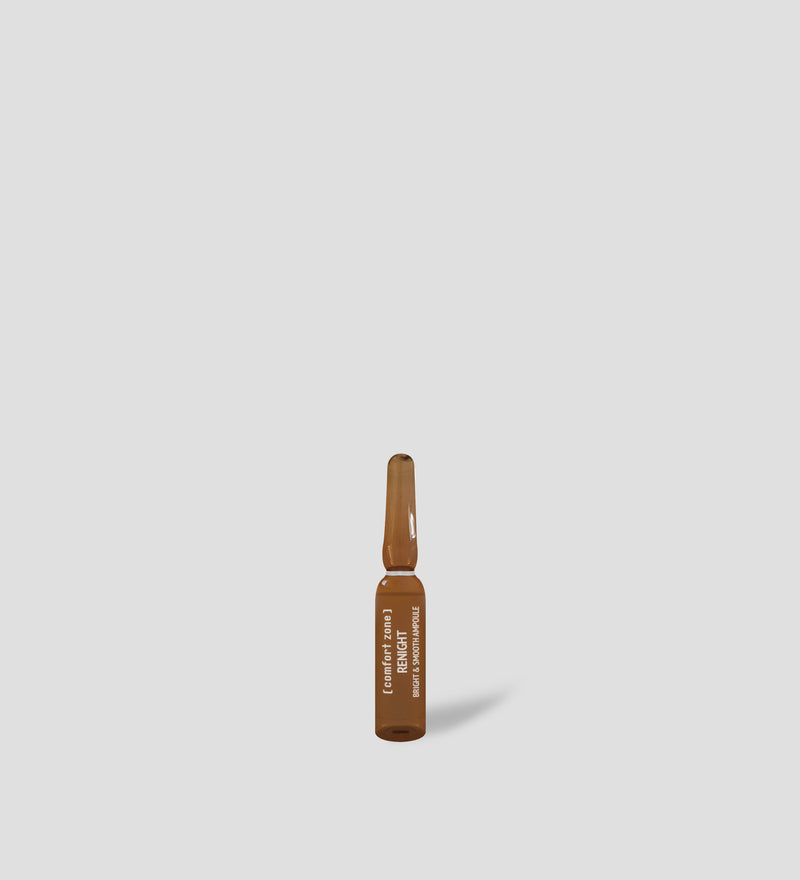Comfort Zone: RENIGHT Renight Bright &amp; Smooth Ampoule - 7 Pack <p>Renight ampoules are professional-grade, super concentrate shots of vitamins clinically proven, to brighten and retexturise the complexion overnight, giving the skin a boost of luminosity, smoothness and a fresher look, also around the eyes.</p>
<p>Clean, high-performance formula empowered with Retinal (vitamin A), Niacinamide (vitamin PP) and Acetyl tetrapeptide-5 support night?s renewal process for more even, brighter skin complexion in the morning. Efficacy tested on face and eye contour. </p>
<p>Ideal to achieve a fresher look overnight, or in weekly cycle for an intensive correction of signs of age and fatigue.</p>-smoothampoule.jpg
